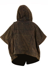 Hooded Stone Wash Brown Cape Poncho